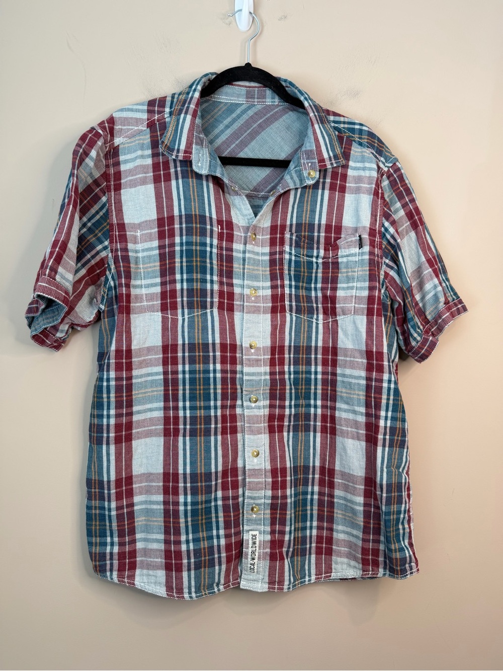 KAVU Red Plaid Cotton REVERSIBLE Short Sleeve Button Front Shirt Size L E10
